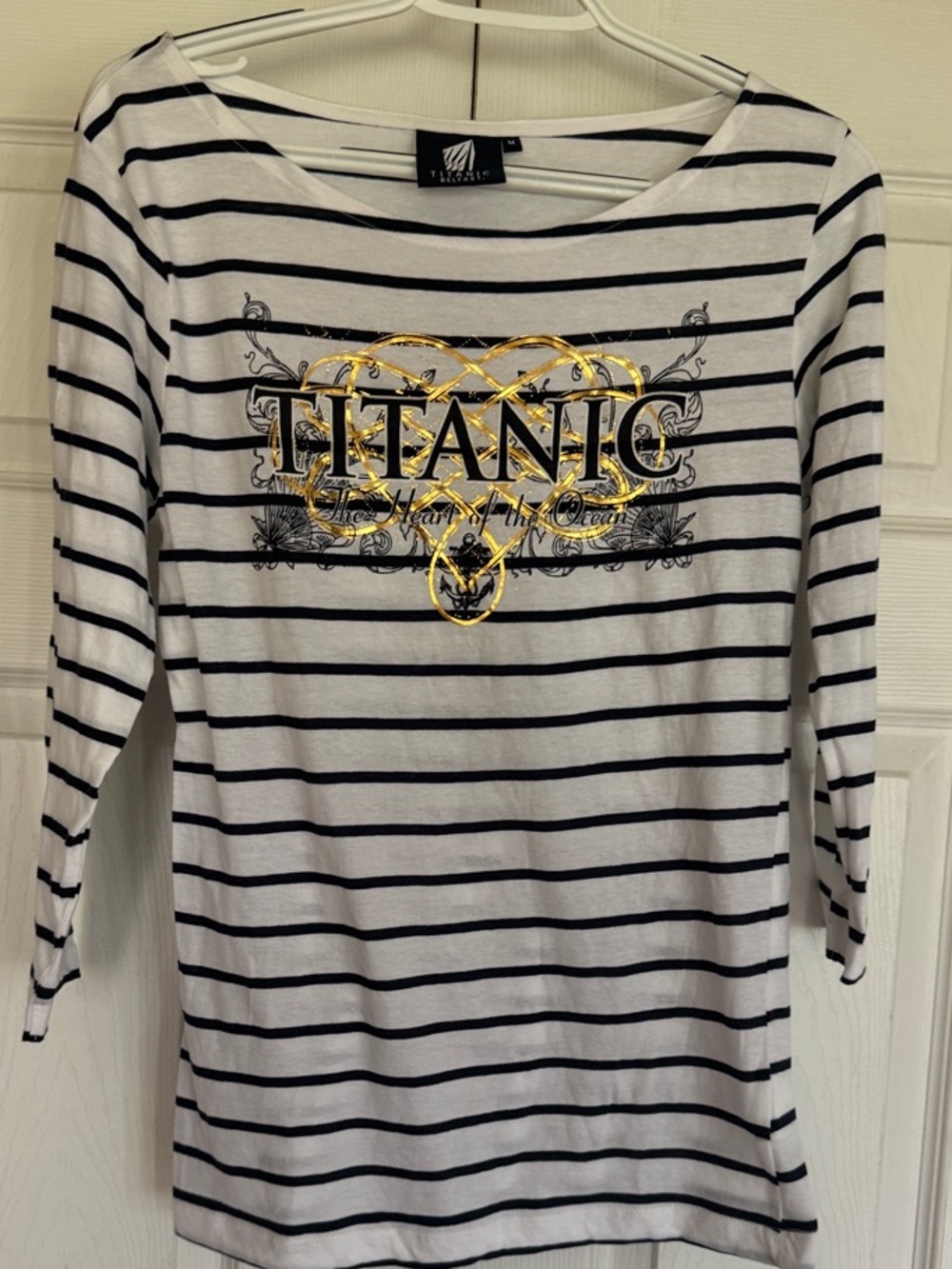 Titanic Striped Boatneck Long Sleeve Top - White & navy blue 💯 cotton